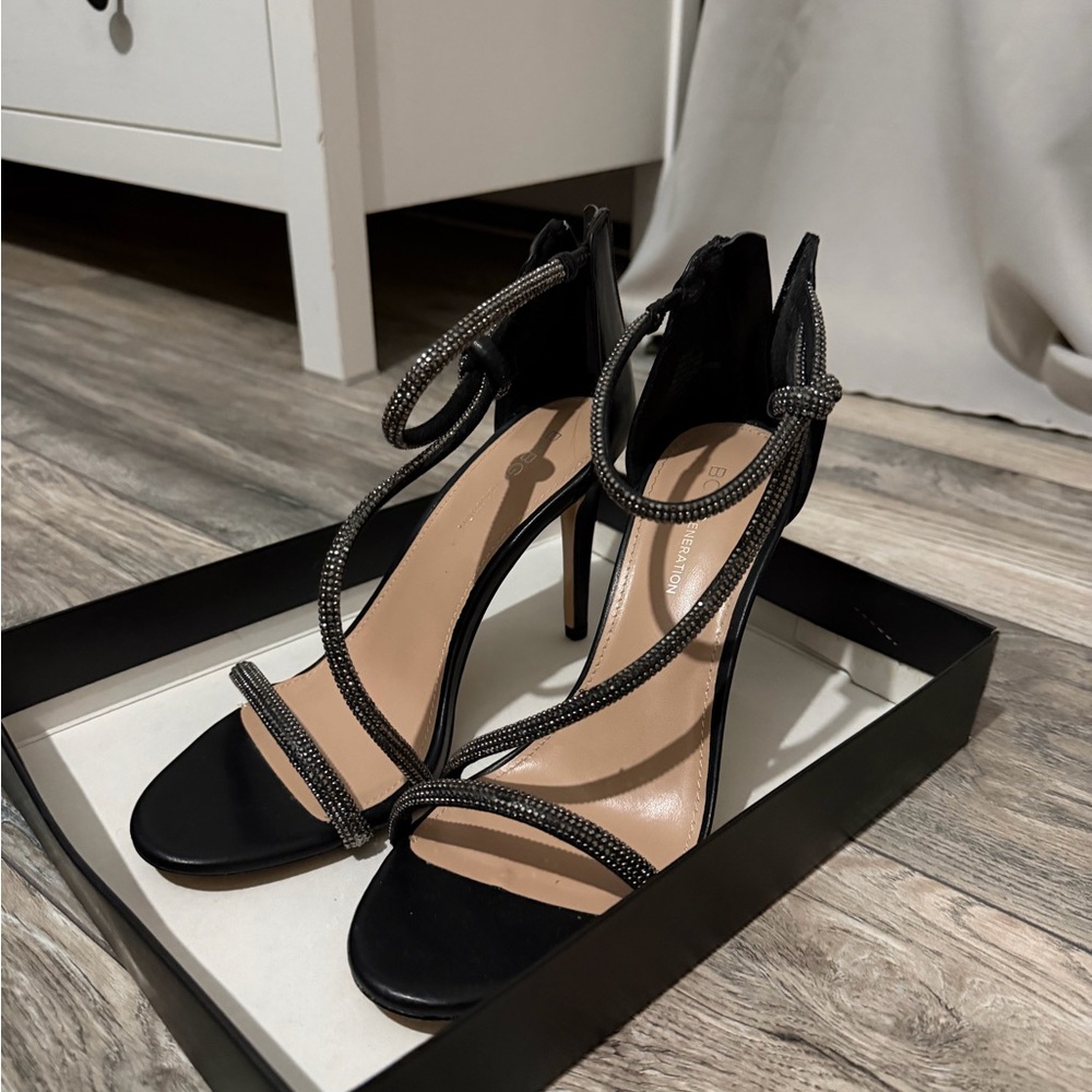 BCBGeneration Black and Silver Strappy Heels